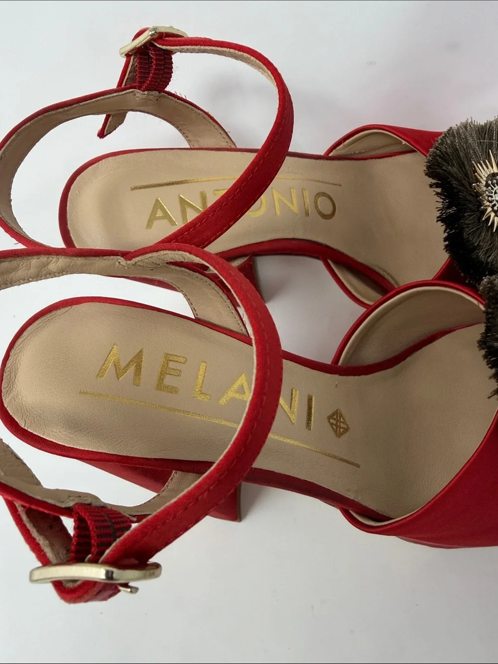 Antonio Melani Red Satin Gold Sun Moon Brown Fringe Platform Sandals Size 6